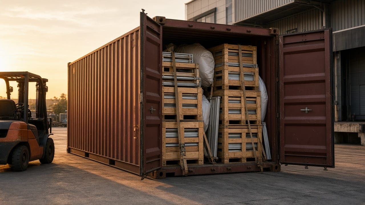ARCVIEW windows crated and strapped inside a 40HQ export container