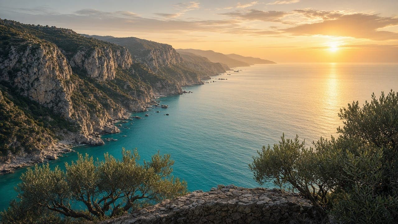 Golden-hour coastline seen through an ARCVIEW lift-and-slide aluminium door